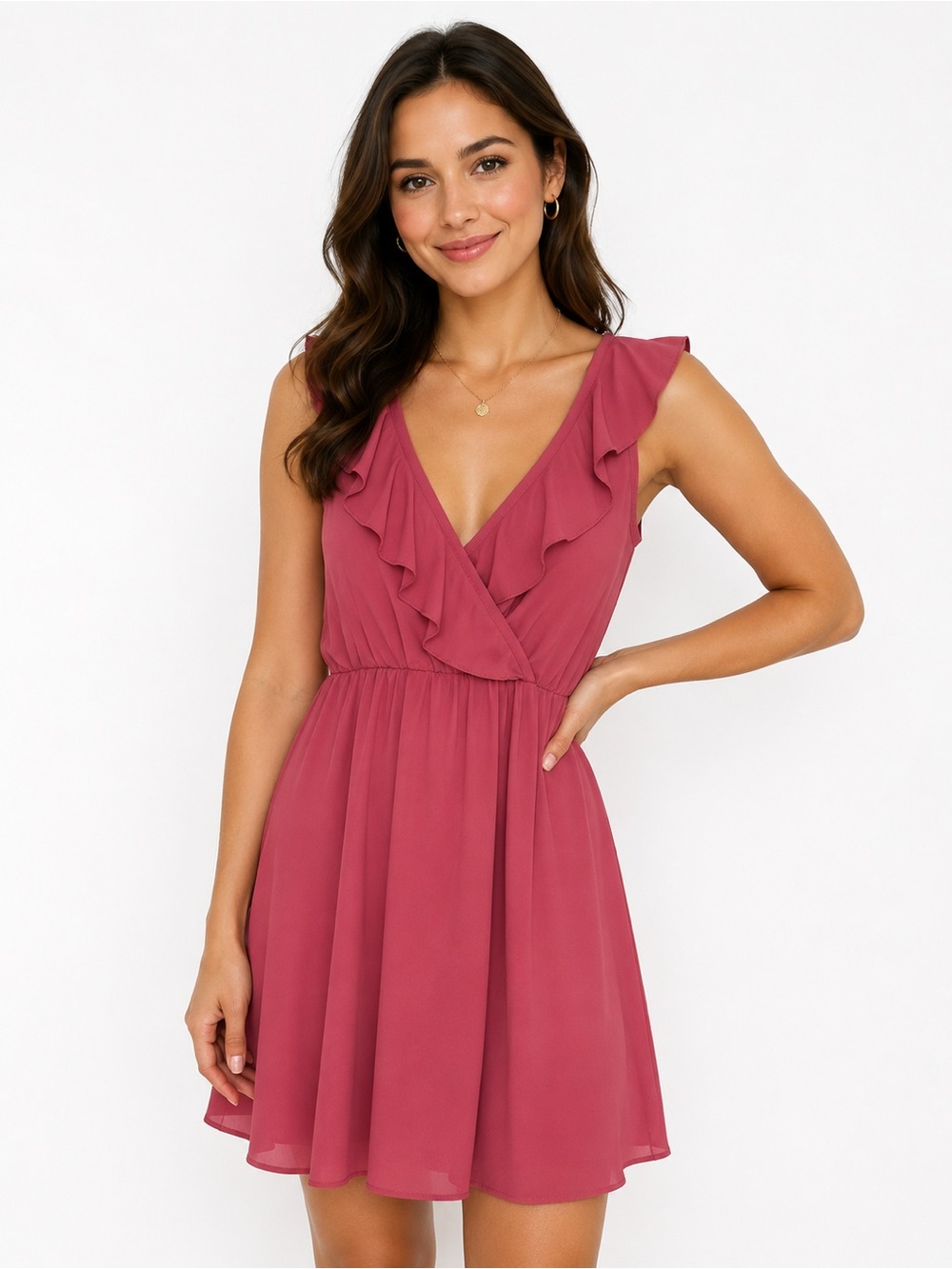 SHEIN Dusty Rose Ruffle V-Neck Mini Dress Size LG